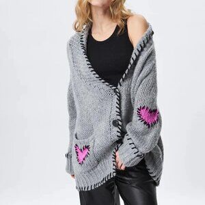 John + Jenn Textured Chunky Gray Knit Sweater Heart Print sz XS